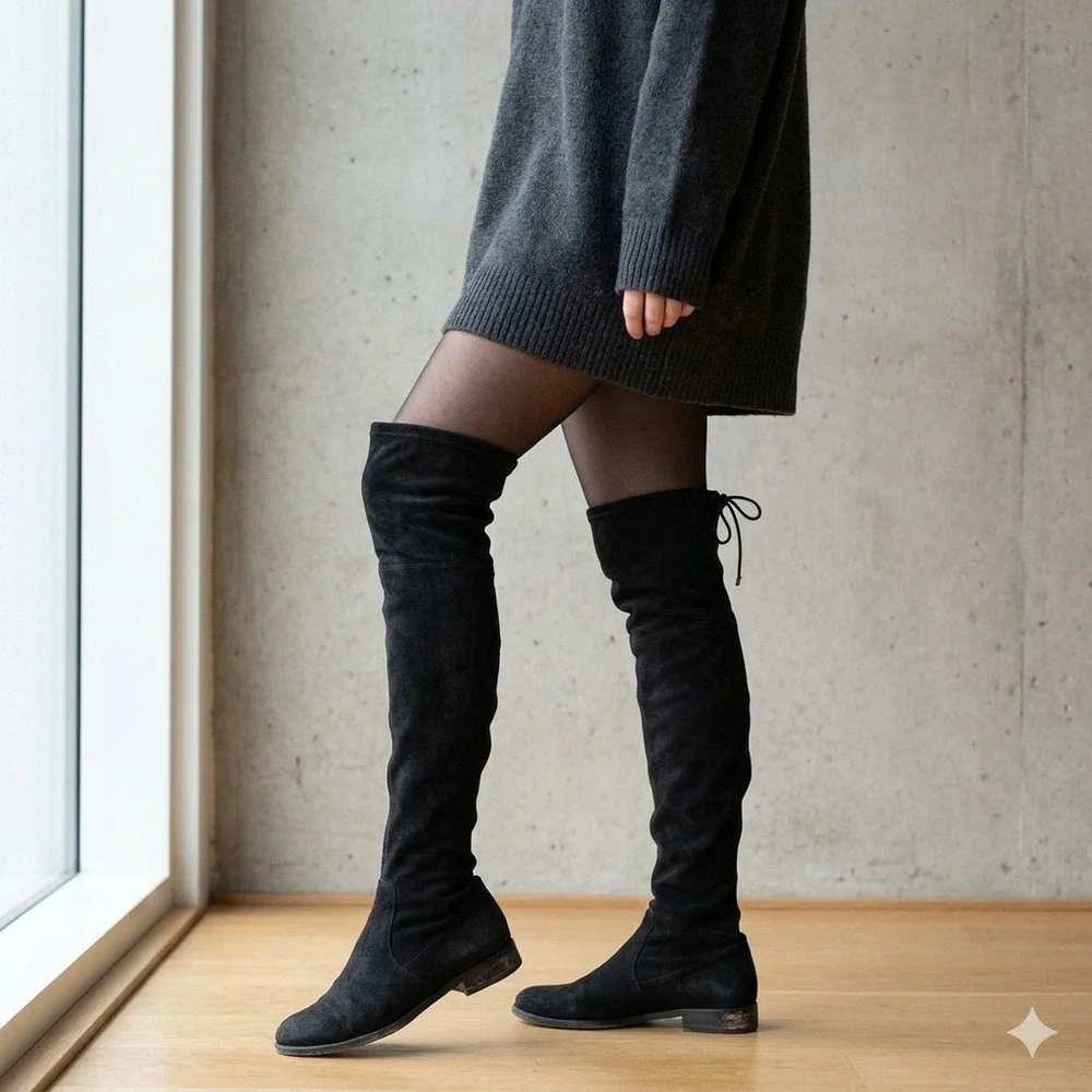 Stuart Weitzman Lowland Womens Boots 8 Black Suede Over The Knee Flat Minimalist
